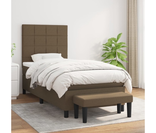 Cama box spring con colchón tela marrón oscuro 90x200 cm