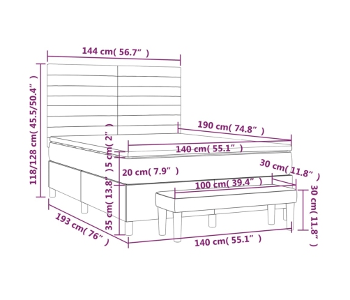 Cama box spring con colchón tela gris claro 140x190 cm