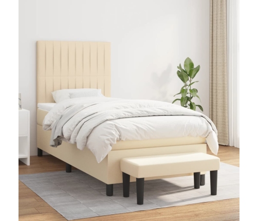 Cama box spring con colchón tela color crema 90x190 cm