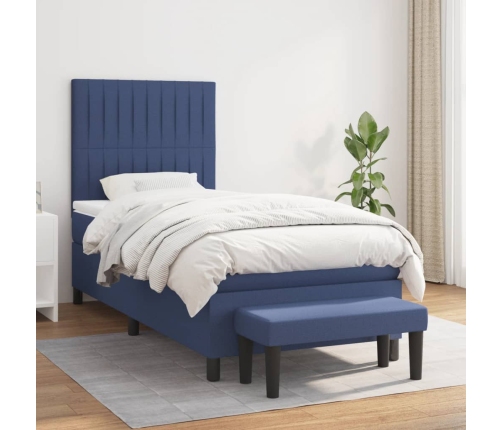 Cama box spring con colchón tela azul 90x190 cm