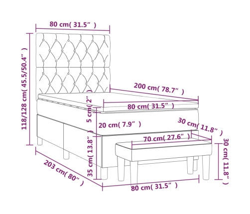 Cama box spring con colchón tela negro 80x200 cm