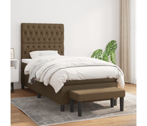 Cama box spring con colchón tela marrón oscuro 90x190 cm