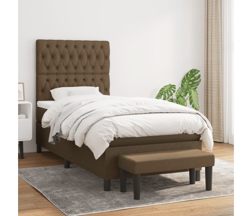 Cama box spring con colchón tela marrón oscuro 90x200 cm