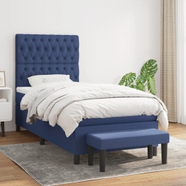 Cama box spring con colchón tela azul 90x200 cm