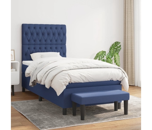Cama box spring con colchón tela azul 100x200 cm