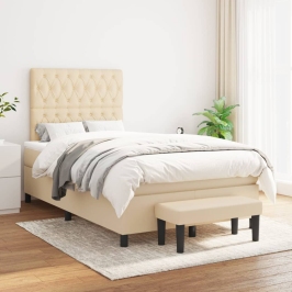 Cama box spring con colchón tela color crema 120x200 cm
