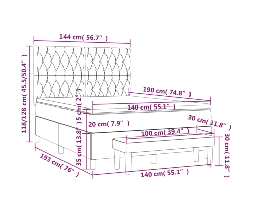 Cama box spring con colchón tela gris claro 140x190 cm