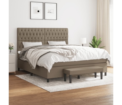 Cama box spring con colchón tela gris taupe 180x200 cm