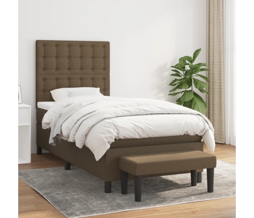 Cama box spring con colchón tela marrón oscuro 80x200 cm