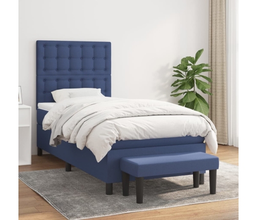 Cama box spring con colchón tela azul 100x200 cm