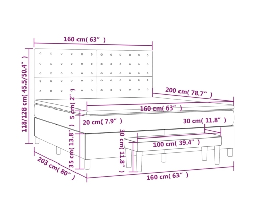 Cama box spring con colchón tela marrón oscuro 160x200 cm