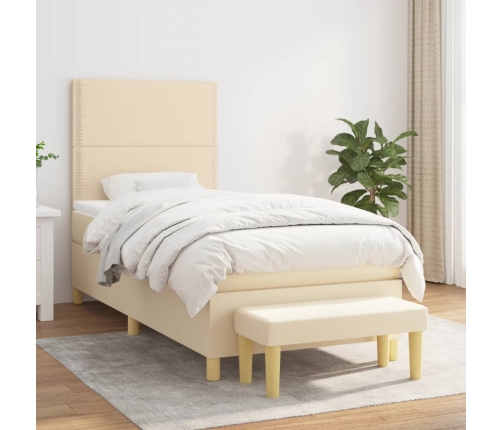 Cama box spring con colchón tela color crema 90x190 cm