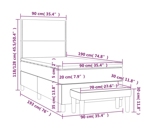 Cama box spring con colchón tela azul 90x190 cm