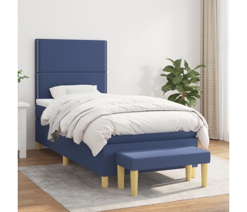 Cama box spring con colchón tela azul 90x190 cm