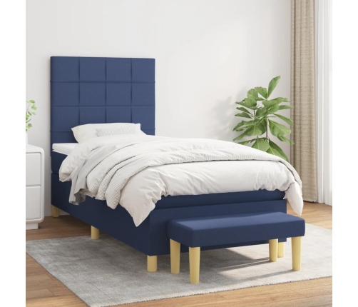 Cama box spring con colchón tela azul 90x190 cm