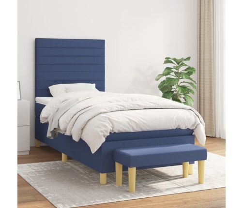 Cama box spring con colchón tela azul 90x190 cm