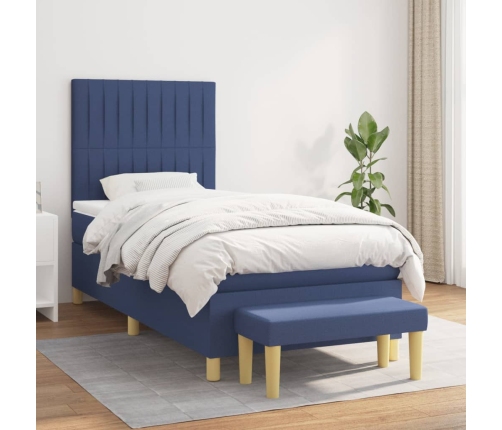 Cama box spring con colchón tela azul 90x190 cm