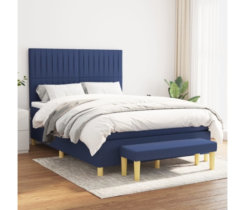 Cama box spring con colchón tela azul 140x190 cm