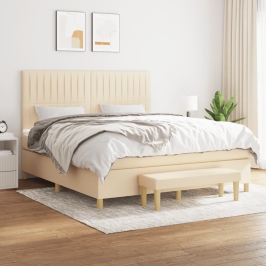 Cama box spring con colchón tela color crema 160x200 cm
