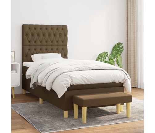 Cama box spring con colchón tela marrón oscuro 90x190 cm