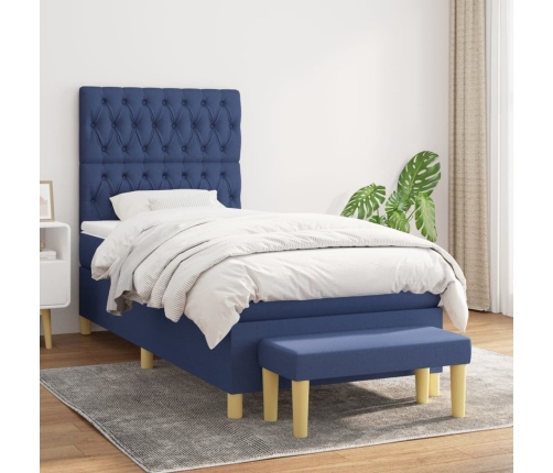 Cama box spring con colchón tela azul 90x190 cm