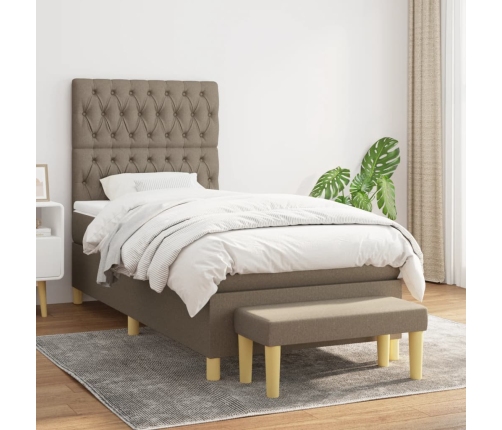 Cama box spring con colchón tela gris taupe 90x200 cm