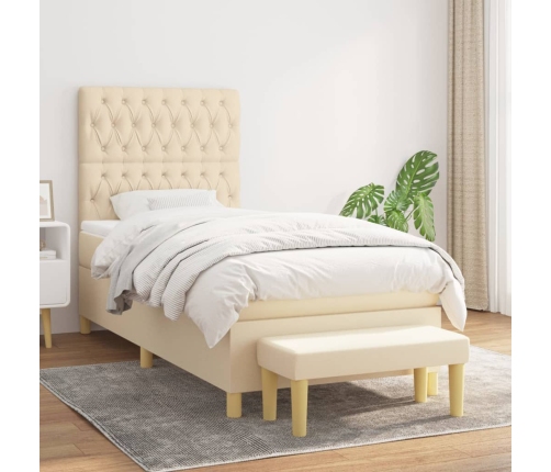 Cama box spring con colchón tela color crema 90x200 cm