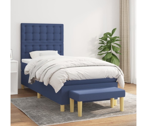 Cama box spring con colchón tela azul 90x190 cm