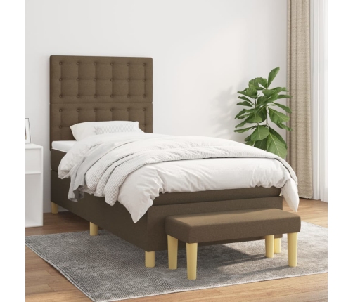 Cama box spring con colchón tela marrón oscuro 90x200 cm