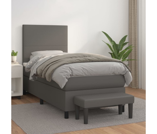 Cama box spring con colchón cuero sintético gris 90x190 cm