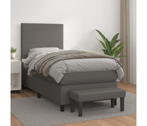 Cama box spring con colchón cuero sintético gris 90x200 cm