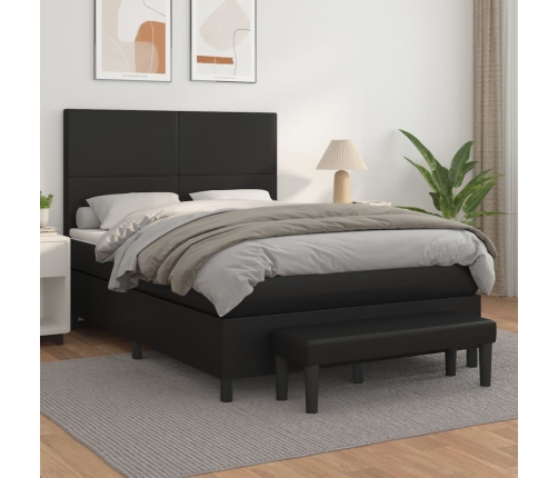 Cama box spring con colchón cuero sintético negro 140x190 cm