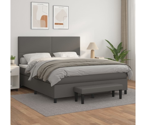 Cama box spring con colchón cuero sintético gris 160x200 cm