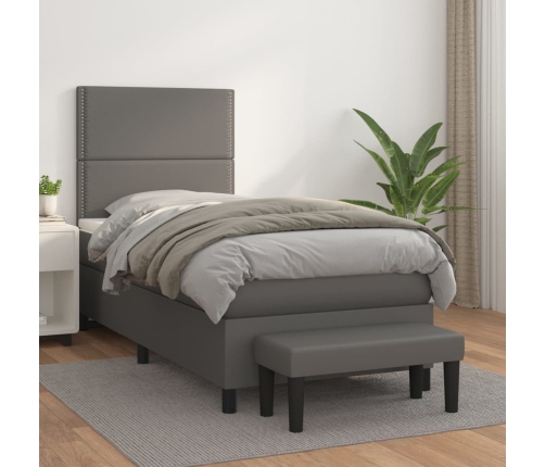 Cama box spring con colchón cuero sintético gris 90x190 cm