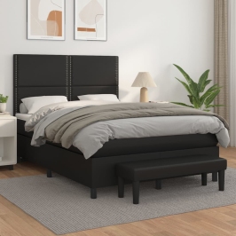 Cama box spring con colchón cuero sintético negro 140x190 cm