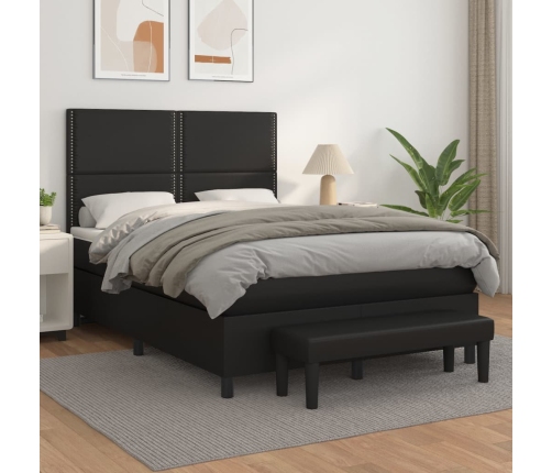 Cama box spring con colchón cuero sintético negro 140x190 cm