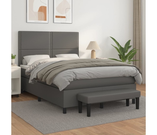 Cama box spring con colchón cuero sintético gris 140x190 cm