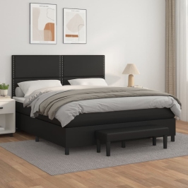 Cama box spring con colchón cuero sintético negro 160x200 cm