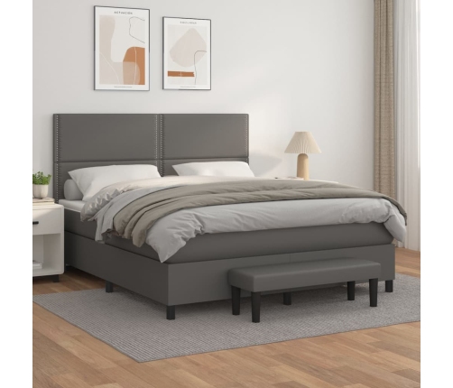 Cama box spring con colchón cuero sintético gris 160x200 cm