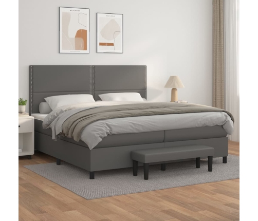 Cama box spring con colchón cuero sintético gris 200x200 cm