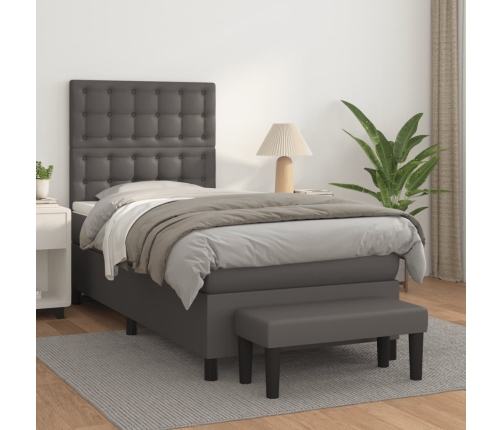 Cama box spring con colchón cuero sintético gris 80x200 cm