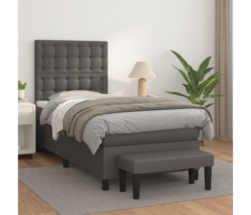 Cama box spring con colchón cuero sintético gris 90x190 cm