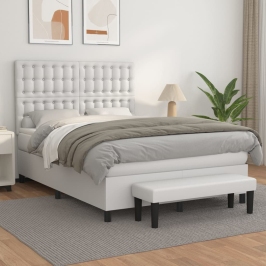 Cama box spring con colchón cuero sintético blanco 140x190 cm