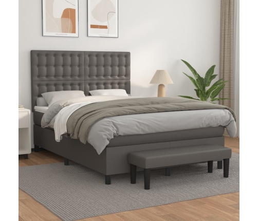 Cama box spring con colchón cuero sintético gris 140x190 cm