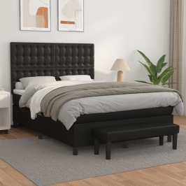 Cama box spring con colchón cuero sintético negro 140x200cm