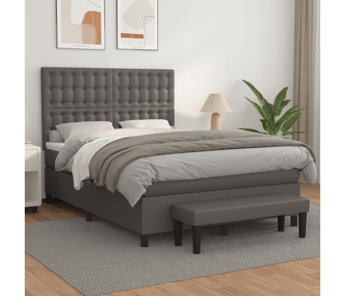 Cama box spring con colchón cuero sintético gris 140x200 cm