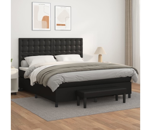 Cama box spring con colchón cuero sintético negro 160x200 cm