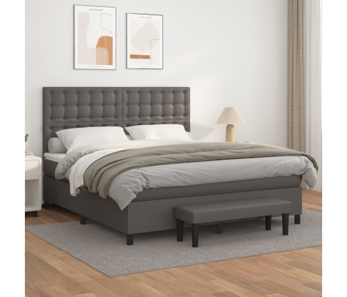 Cama box spring con colchón cuero sintético gris 180x200 cm