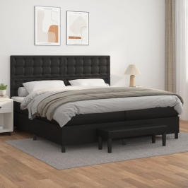 Cama box spring con colchón cuero sintético negro 200x200 cm