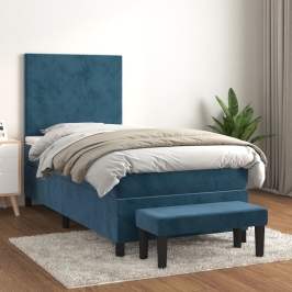 Cama box spring con colchón terciopelo azul oscuro 90x200 cm